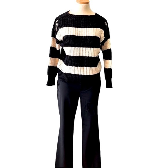 Sandro Stripe Distressed Knit Sweater, Black & Cream,  size EU 2/Med, US 4-6 - Picture 6 of 16